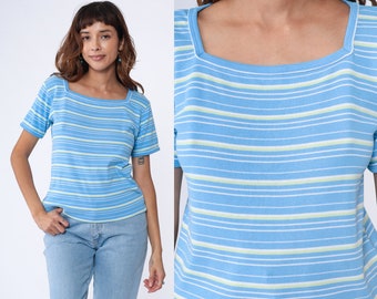 Tight Striped Shirt 90s Blue Baby Tee Short Sleeve T Shirt Square Neckline White Lime Fitted Retro Tee Vintage Stretchy Large L