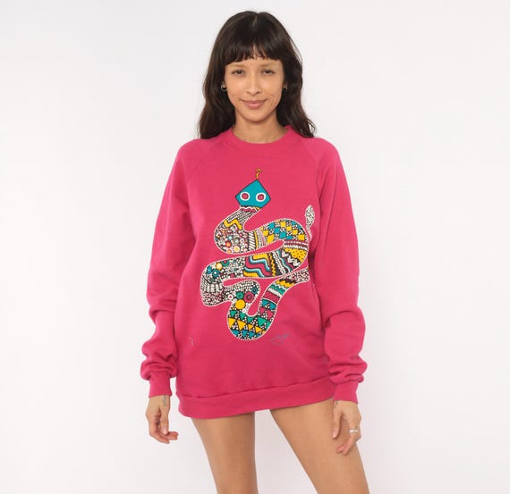 Snake Graphic Sweatshirt 90s Tribal Print Hot Pink Fuchsia Magenta Pullover Art Novelty Animal Aztec Geometric Cotton Blend Vintage Large L