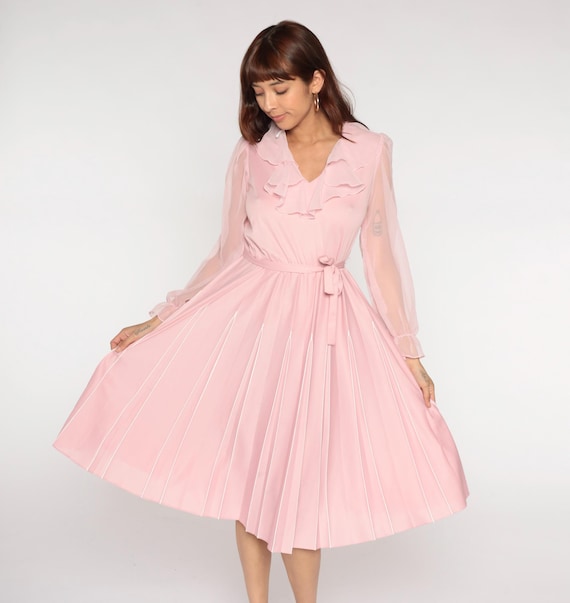 Pink Sheer Dress 70s Sleeve Ruffle Neckline Pleated Skirt Midi Vintage Romantic Blush Valentines Day Date Tea Garden Party Night Large L 10