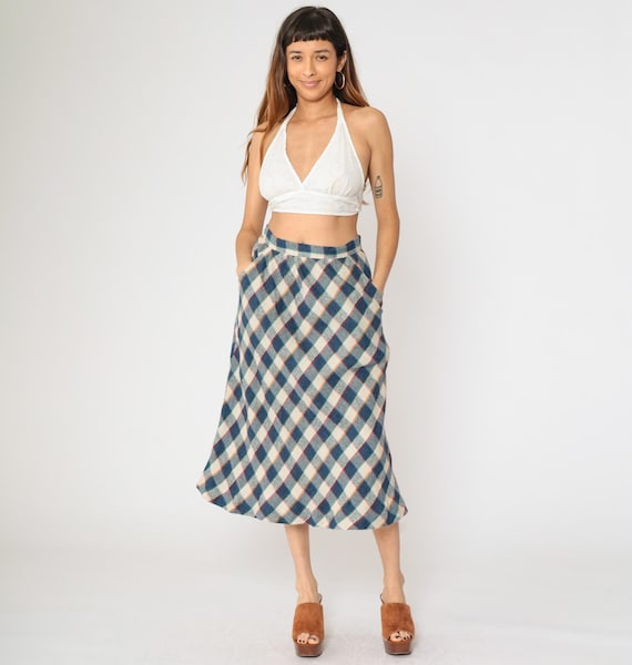 Vintage Checkered Skirt 80s Knee Length Summer Skirt Blue Cream Plaid Print Boho A-Line Hippie High Waisted 1980s Acrylic Medium 29