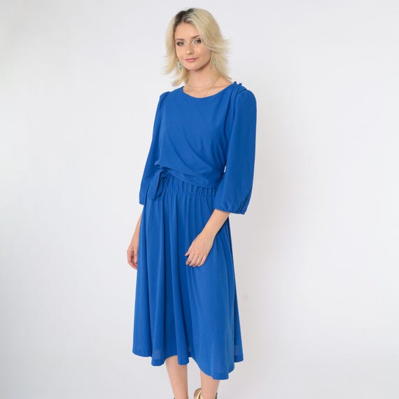 Vintage Royal Blue Midi Dress 80s 3/4 Puff Sleeve Secretary Elastic Waist Plain Boho 1980s Wrap Panel Women's Large L