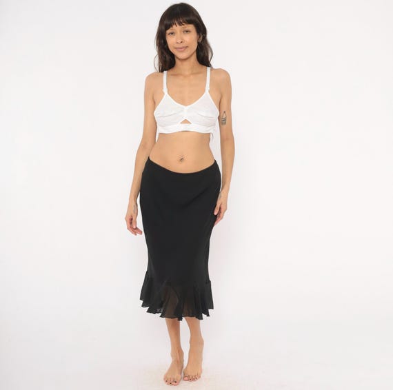 90s Black Midi Skirt Sheer Chiffon Ruffle Hem Fitted Flounce Mermaid Coquette Feminine Bottom Dark Gothic Grunge Alt Witchy Medium Large M L