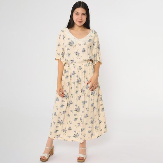 Vintage 90s Cream Floral Print Dress Ankle Length Scoop Neck Lace Collar Pleated Skirt 1990s Romantic Short Sleeve Cottagecore Plus 20W xxl