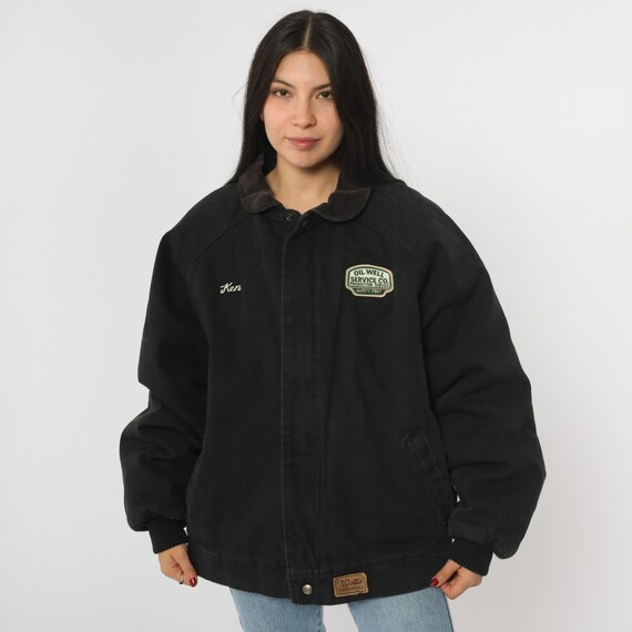 Vintage Walls Oil Well Service Jacket 90s Canvas Workwear 1990s Black Zip Coat Corduroy Collar Ken Patch Bomber USA Made Extra Large xl
