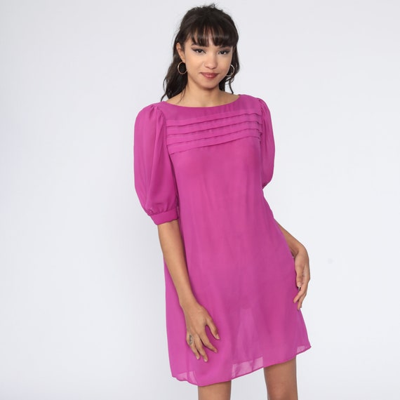Sheer Purple Dress 80s Shift Dress Pleated Floaty Dress See Through Short Puff Sleeve Vintage 1980s Chiffon Medium