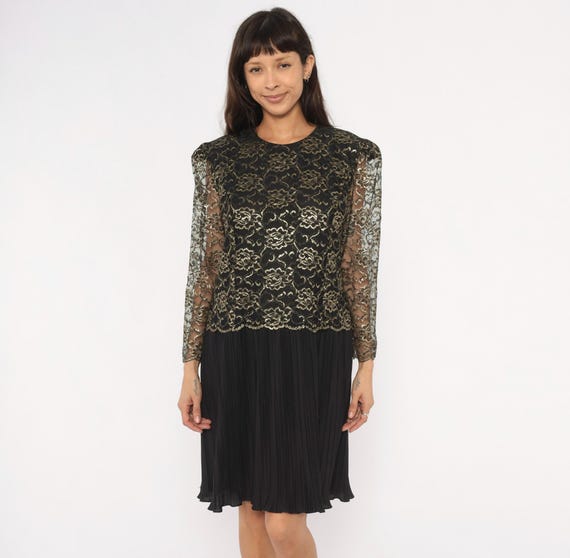 Gold Lace Overlay Dress Black Pleated Skirt Sheer Metallic Sleeve Drop Waist Scalloped Hem 90s Cocktail Party Evening  Vintage Large L