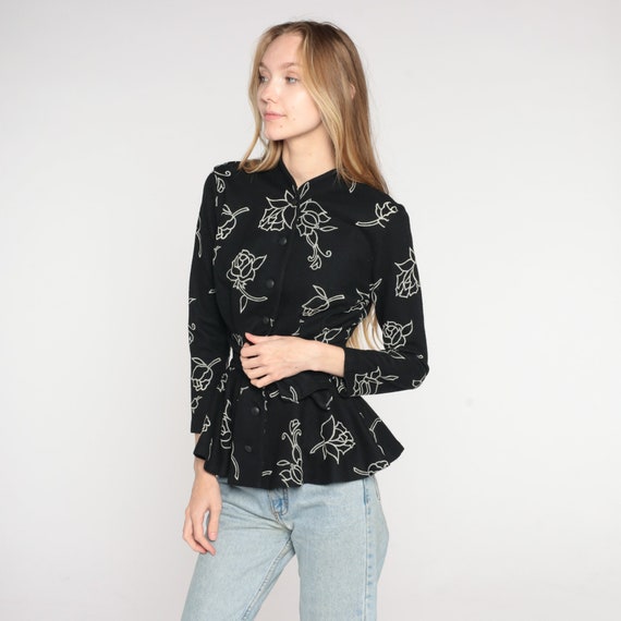 Floral Peplum Blouse Y2k Black Wool Button Up Top… - image 4