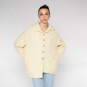 Cable Knit Cardigan 70s 80s Cream Wool Button Up Fisherman Sweater Retro Chunky Bohemian Grandpa Cableknit Pockets Vintage 1980s Large L image 3