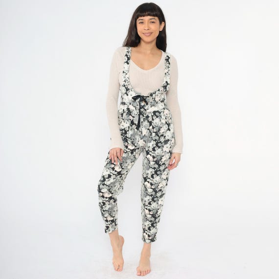 Vintage Floral Jumpsuit 80s Black White Rose Print Corset Lace Up Front Overalls High Waisted Tapered Leg 1980s One Piece Medium M 8