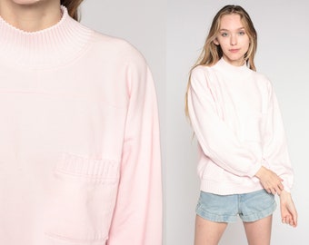 Baby Pink Sweatshirt 80s Sweatshirt Mock Neck Shirt Plain Long Sleeve Shirt Slouchy Pocket 1980s Vintage Sweat Shirt Small S