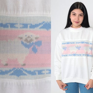 Sheep Sweatshirt 90s White Pullover Crewneck Grandma Sweater Ribbed Knit Farm Animal Print Graphic Shirt Vintage 1990s Justin Allen Medium M