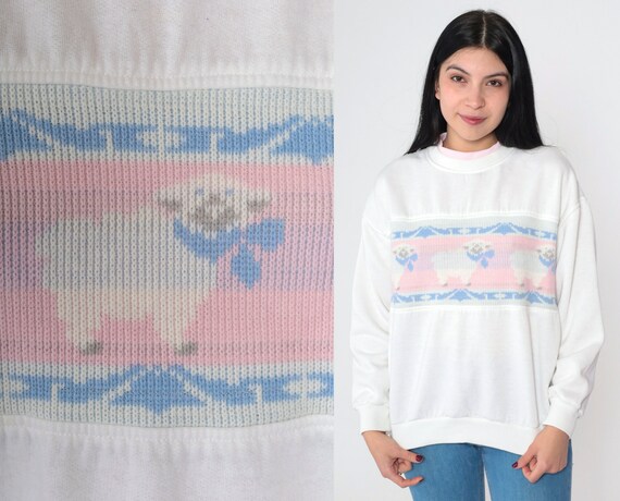 Sheep Sweatshirt 90s White Pullover Crewneck Grandma Sweater Ribbed Knit Farm Animal Print Graphic Shirt Vintage 1990s Justin Allen Medium M