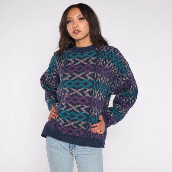 Geometric Sweater 90s Navy Blue Teal Purple Diamond Pattern Cotton Knit Crewneck Vintage Mens Pullover Preppy Southwestern Extra Large XL