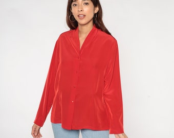 Red Blouse 80s Button up Shirt Pendleton Top Plain Simple V Neck Collarless Long Sleeve Shirt Retro Minimalist Basic Vintage 1980s Medium M