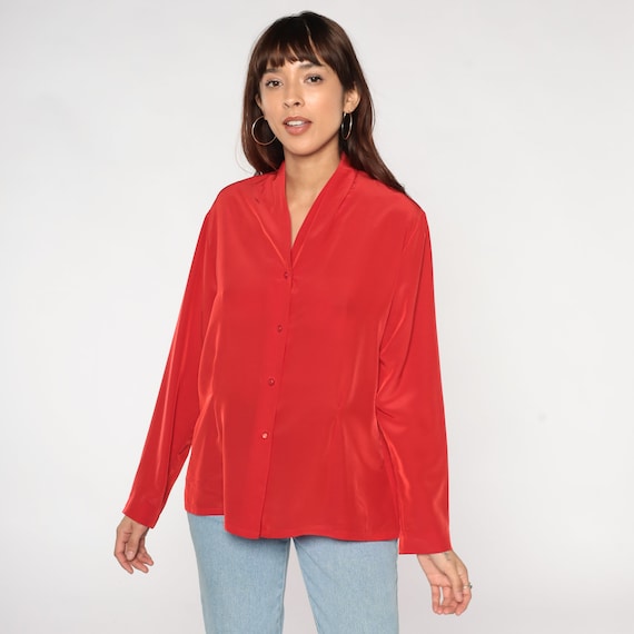 Red Blouse 80s Button up Shirt Pendleton Top Plain Simple V Neck Collarless Long Sleeve Shirt Retro Minimalist Basic Vintage 1980s Medium M