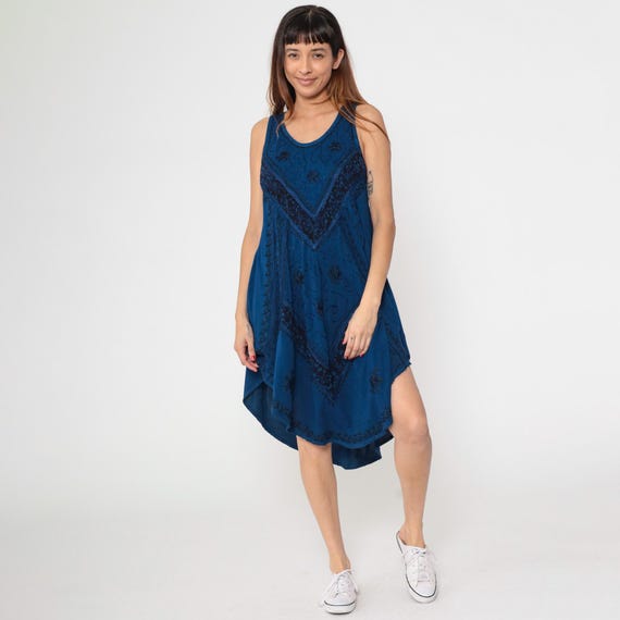 Indian Embroidered Dress Dark Blue Asymmetrical Hem Sundress Boho Midi Dress y2k Hippie Tent Trapeze Sleeveless Sun Vintage 00s Medium M