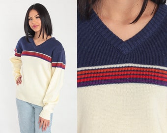 Striped Sweater 80s Knit Pullover V Neck Sweater Cream Red Blue Colorblock Purple Orange Retro Slouchy Acrylic Vintage 1980s Mens Large L