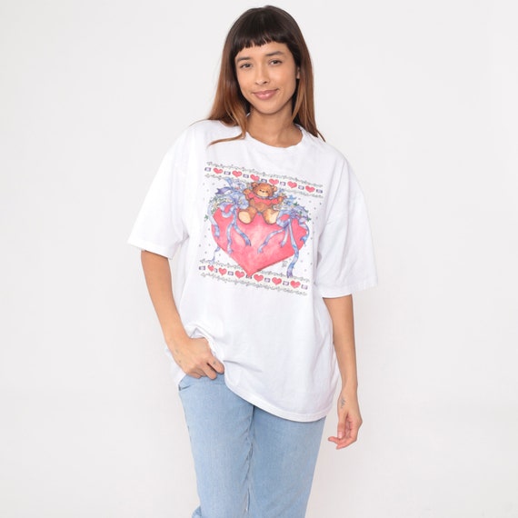 Teddy Bear Shirt 90s Heart TShirt Lucy Rigg Art Grandma T Shirt Romantic Tee Vintage Graphic T Shirt 1990s Tee White Extra Large xl