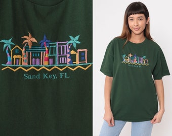 Sand Key Florida Shirt Y2K Green Clearwater Embroidered T-Shirt Beach Palm Tree Graphic Tee Retro Tourist Travel TShirt Vintage 00s Large