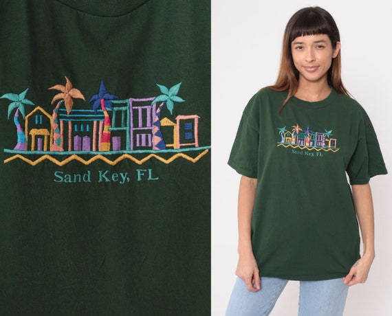 Sand Key Florida Shirt Y2K Green Clearwater Embroidered T-Shirt Beach Palm Tree Graphic Tee Retro Tourist Travel TShirt Vintage 00s Large