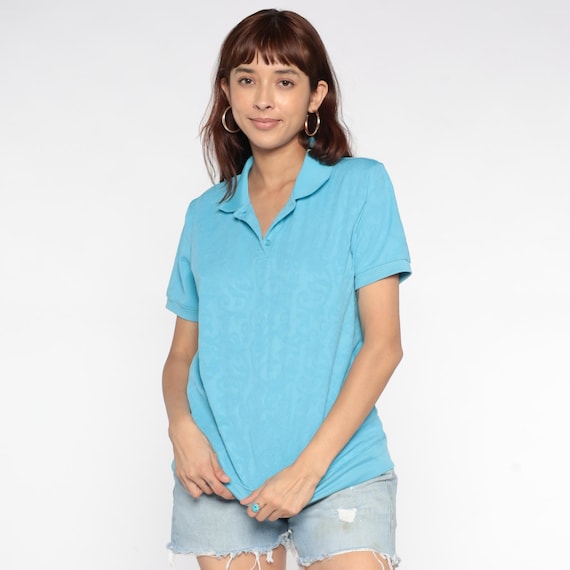 Paisley Broce Polo Aqua Blue Shirt 90s Collared Front Short Sleeve Casual Preppy Golf Top Sporty Style Rolled Cuffs Vintage Medium M 8
