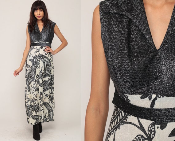 70s Hippie Dress Maxi Paisley Dress METALLIC Silver Dress Party Cocktail 1970s Boho Sleeveless Empire Waist Bohemian Vintage Medium
