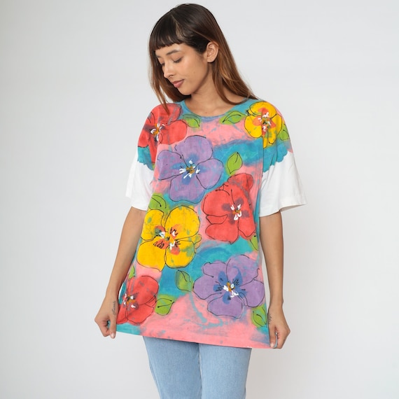 Floral T Shirt 90s Paint Splatter Shirt Floral Tee Graphic Purple Yellow Pink Blue Single Stitch Short Sleeve TShirt Vintage Large