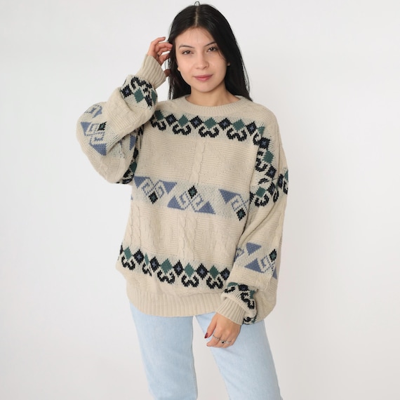 90s Beige Geometric Sweater Cable Knit Pullover Sweater Jacquard Crewneck Jumper Cableknit Vintage 1990s Acrylic Large L