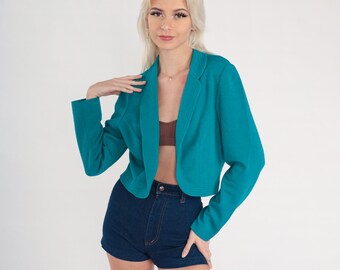 Teal Blazer Jacket 80s Blazer Open Front Blue-Green Leslie Fay Office Jacket Vintage Secretary Jacket Preppy Work Jacket Small S