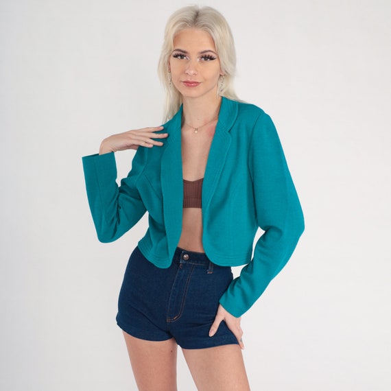 Teal Blazer Jacket 80s Blazer Open Front Blue-Green Leslie Fay Office Jacket Vintage Secretary Jacket Preppy Work Jacket Small S