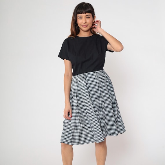 90s Gingham Dress Black White Checkered Cotton Knee Length Fit Flare A Line Skirt Cottagecore Preppy Rockabilly Vintage Summer Day Medium M