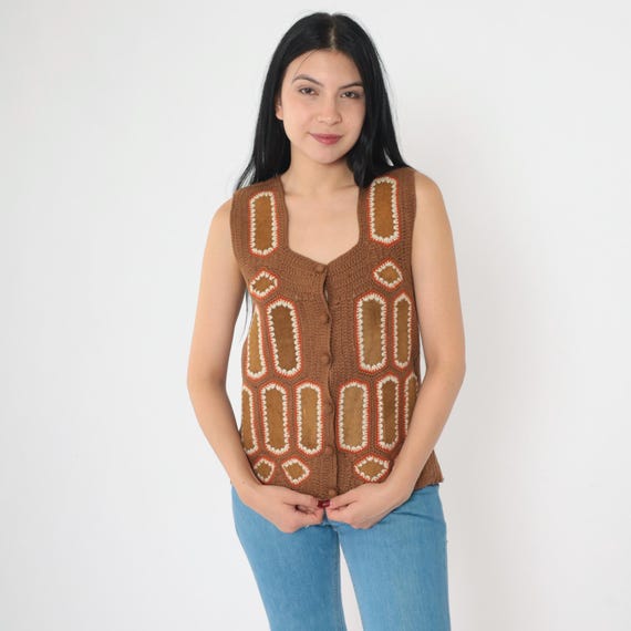 Vintage 70s Crochet Suede Vest Top Boho Knit Shirt Leather Hippie Bohemian 1970s Button Up Festival Sleeveless Brown Small