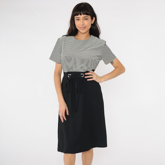 Vintage Black White Striped Dress 90s Drawstring Waist Midi High Waist Short Sleeve Preppy Shift Dress 1990s Round Neck Monochrome Medium M