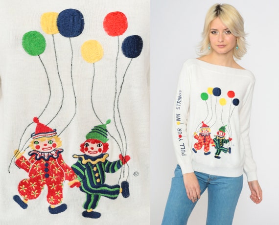 70s Clown Sweater White Embroidered Pull Your Own Strings Balloon Design Vintage 1970s Pullover Novelty Boatneck Small S