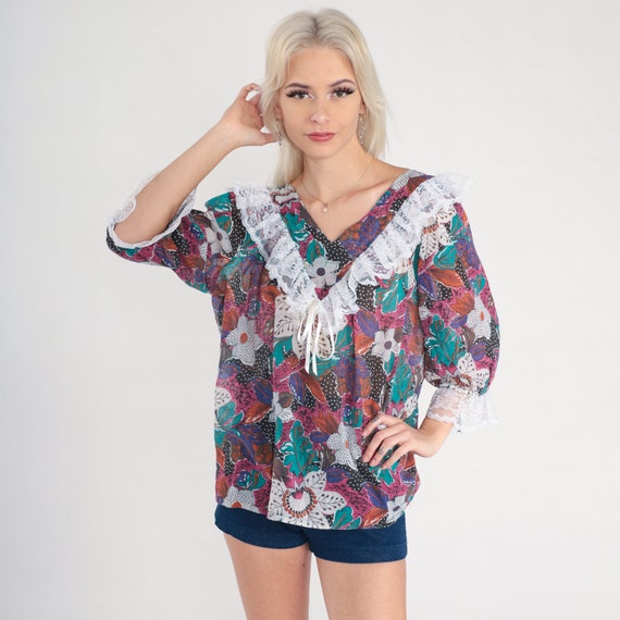 Lace Floral Blouse 80s Ruffle Shirt Boho Top Trop… - image 2