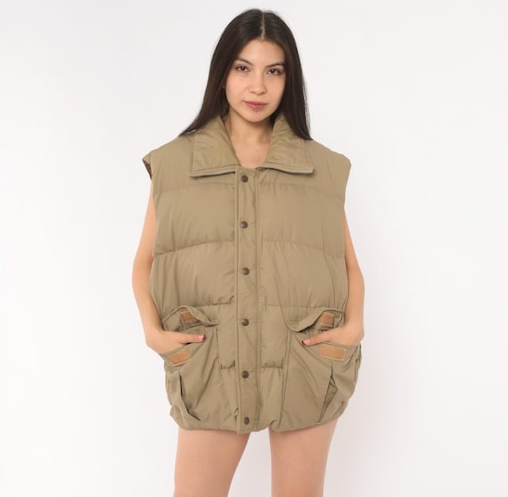 80s Tan Puffer Vest Snap Front Quilted Jacket Khaki Padded Down Gilet Fold Collar Outdoor Waistcoat Sears Plus Size Extra Extra Large XXL