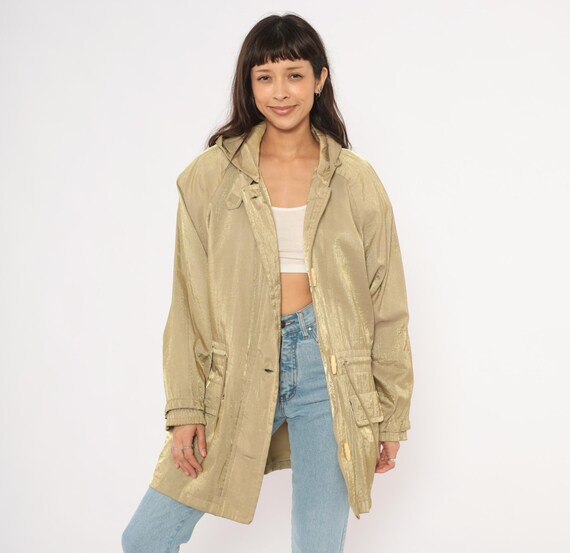 Gold Hooded Windbreaker Shimmer Parka 90s Anorak Diana Marco Drawstring Waist Patch Pocket Coat Sand Tan Metallic Vintage Jacket Large L