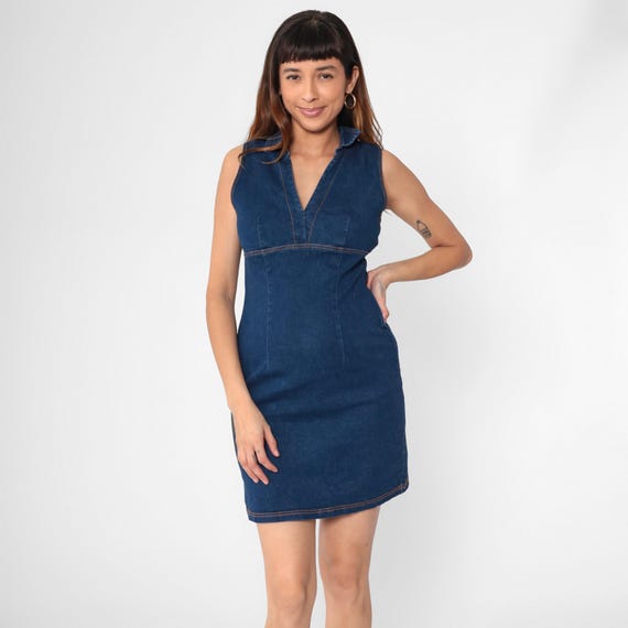 Y2K Denim Bodycon Dress Sleeveless Jean Mini Dress 00s Tight Sheath Dress Sheath Collared V Neck Empire Waist Vintage 2000s Small S