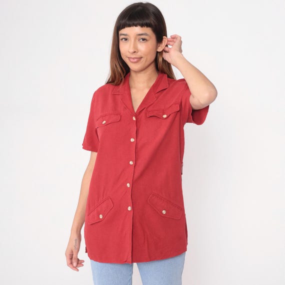 Silk Safari Shirt Y2K Red Brick Button Front Short Sleeve Utility Pockets Camp Blouse Military Style Vintage Workwear Tunic Top Small S