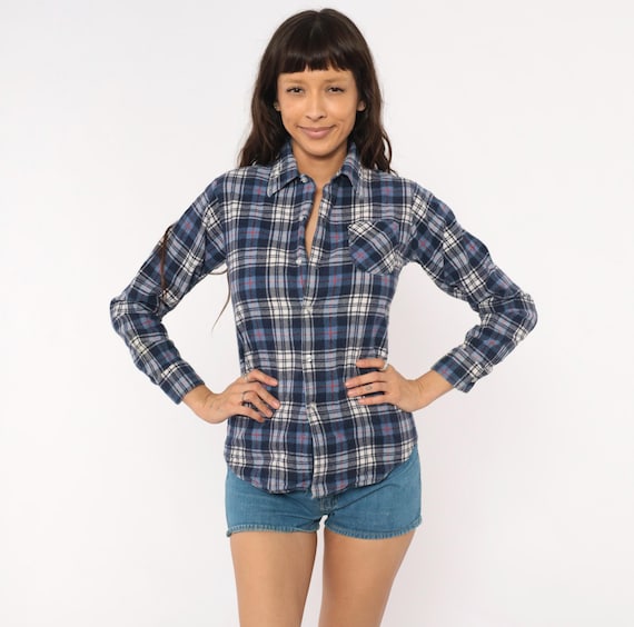 80s Plaid Flannel Shirt Navy Blue White Cotton Button Front Collar Pocket Long Sleeve Red Check Grunge Top JC Penney Vintage Extra Small XS