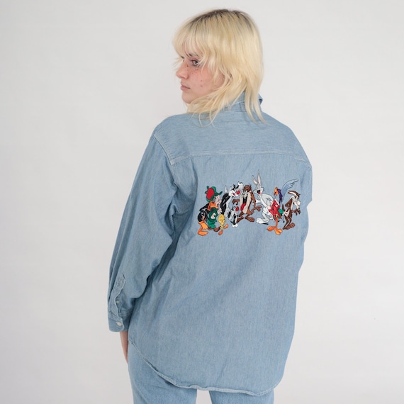 90s Looney Tunes Shirt Hickory Striped Denim Shirt Bugs Bunny Jean Shirt Warner Bros Cartoon Top Graphic Button Up Vintage Long Sleeve Small