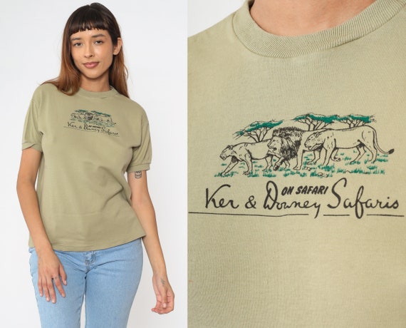 African Safari T Shirt Ker And Downey Safaris Animal Shirt 00s Lion Shirt Khaki Tshirt Kenya Graphic Retro T Shirt Vintage Cotton Medium