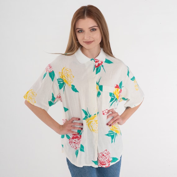 Rose Print Blouse 90s White Floral Blouse Button up Shirt Short Sleeve Top Retro Summer Collared Red Yellow Green Vintage 1990s Medium M