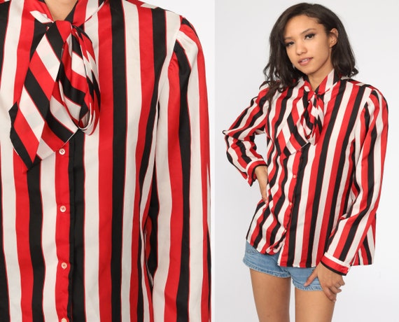 Striped Ascot Shirt Red Black White Secretary Blouse Long Sleeve Top 80s Bow Neck Ascot Top Button Up Vintage Long Puff Sleeve Shirt Medium