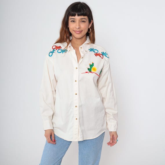 Cactus Embroidered Shirt 90s White Cotton Long Sleeve Button Down Gecko Lizard Desert Southwestern Western Style Large L