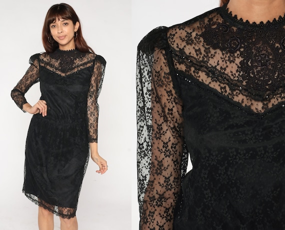 Black Lace Dress 80s Party Dress Scott McClintock Midi Sheer Puff Sleeve Illusion Neckline Beaded Cocktail Goth Prom Vintage 1980s Small 4