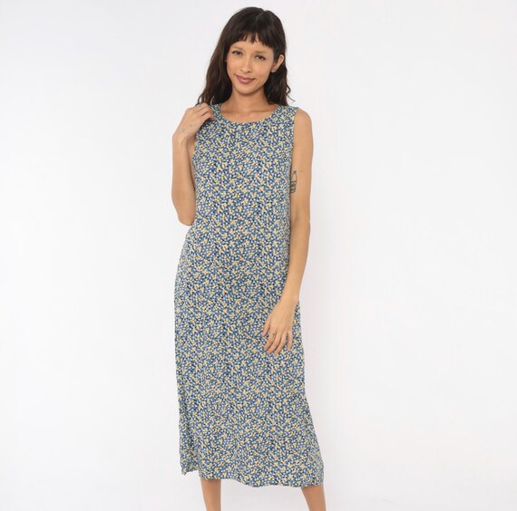 90s Ditsy Floral Midi Dress Blue Yellow Sleeveless Scoop Neck A Line Column Shift Garden Print Prairie Calico Navy Sundress Petite Medium