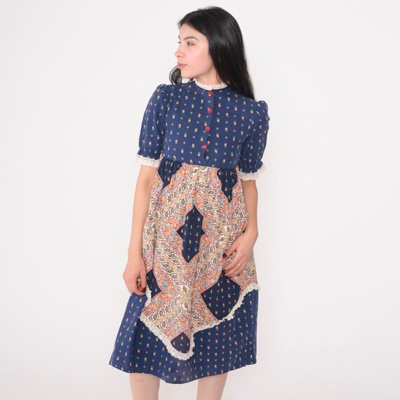70s Babydoll Dress Blue Calico Floral Mini Dress Puff Sleeve High Neck Ruffled Cottagecore Peasant Lolita Boho Prairie Vintage 1970s 2xs xxs