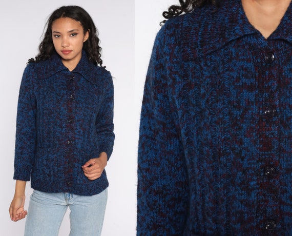 Boho Cardigan Blue Space Dye Sweater 70s Hippie Dark Blue Flecked 1970s Bohemian Striped Button Up dyed Seventies Hippie Medium