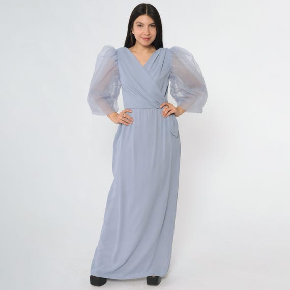 Periwinkle Blue Dress 80s Puff Sleeve Prom Wrap Style V Neck Maxi Length Tie Waist Sheer Sleeves Romantic Princess Dramatic Extra Small XS